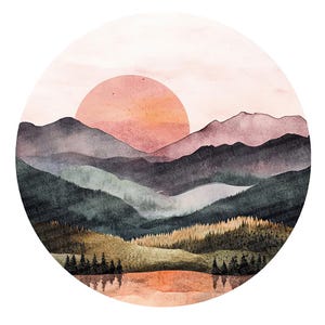 Pu&ograve; includere: Un dipinto ad acquerello di un tramonto su una catena montuosa. Il cielo &egrave; di un rosa e un arancio delicati, e le montagne sono di un viola e un verde profondo. C'&egrave; un lago in primo piano, che riflette i colori del cielo.