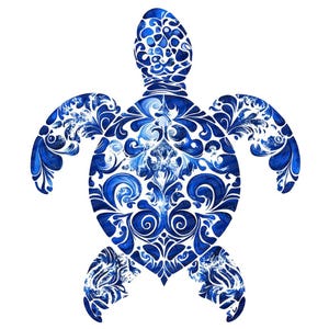 May include: A blue and white patterned ceramic turtle with intricate floral designs. The turtle is a decorative piece with a stylised design.