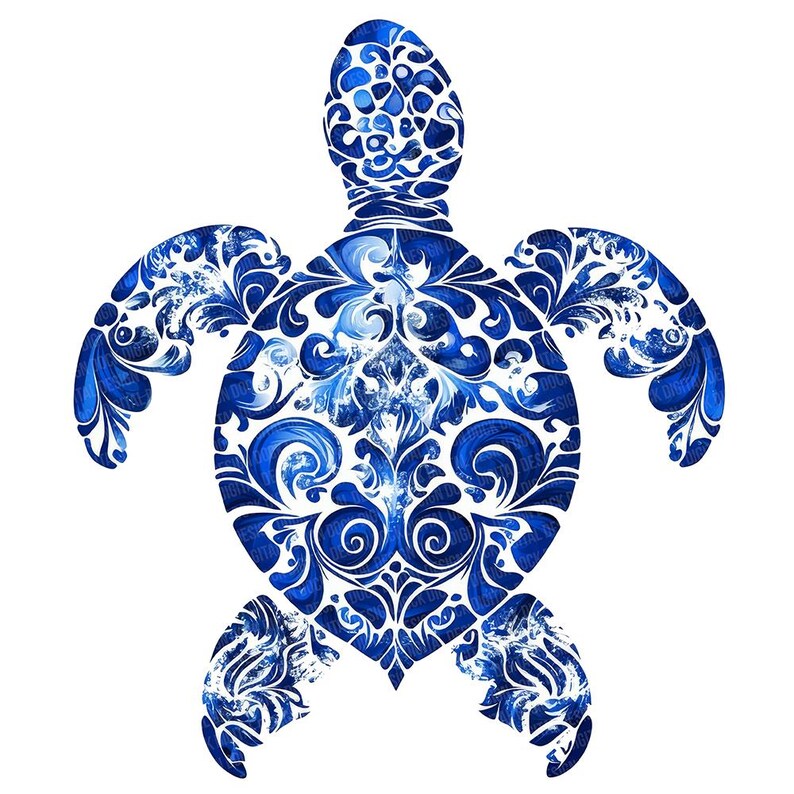 May include: A blue and white patterned ceramic turtle with intricate floral designs. The turtle is a decorative piece with a stylised design.