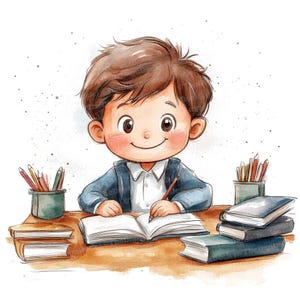 Clipart de 12 escolares, niño estudiando en acuarela, arte lindo para el aula, JPG de alta calidad, descarga digital, manualidad de papel, clipart de niño escolar