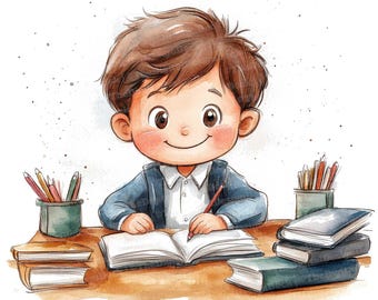 May include: A young boy with brown hair sits at a desk, writing in a notebook with a red pencil. He is wearing a blue jacket and a white shirt. There are pencils in a cup on the desk, and a stack of books.