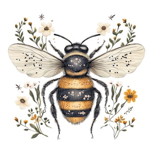 May include: Watercolor illustration of a bee with black and yellow stripes, surrounded by delicate white and yellow flowers and green foliage. The bee has detailed wings with black speckles, set against a white background.