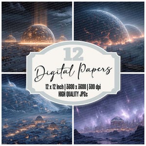 May include: A digital art collection featuring four panels with a futuristic, sci-fi theme. Each panel showcases a different landscape with glowing orbs and cityscapes. The central graphic reads "12 Digital Papers, 12 x 12 Inch, 3600 x 3600, 300 dpi, High Quality JPGs."