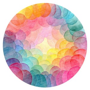 Puede incluir: Una pintura circular de acuarela con círculos semitransparentes superpuestos en un espectro de colores. El diseño transita del rojo y naranja en la parte superior al azul y verde en la inferior, con amarillo en el centro.