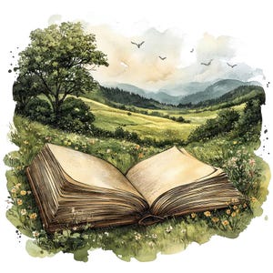 Magisch landschap boek PNG-clipart, 12 x aquarel Fantasy open boek illustraties set, afdrukbare betoverde natuurscène, digitale papierkunst