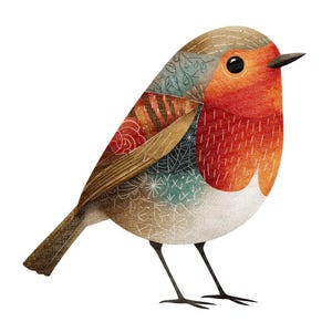 Op de afbeelding: Een kleurrijke illustratie van een roodborstje. De vogel heeft een rode borst, een bruine en patroonvleugel en een zwarte snavel en poten. De achtergrond is wit.