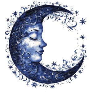Folk Crescent Moon Clipart, 12x Moon Face with Stars Clip Art Set, Printable Clip Art, Digital Download, High-Quality PNG/JPG