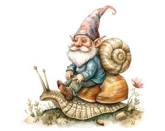 Clipart di gnomi, set di 12 gnomi da giardino che cavalcano lumache, clipart di gnomi ad acquerello stampabili, PNG trasparenti, download digitale, arte stravagante