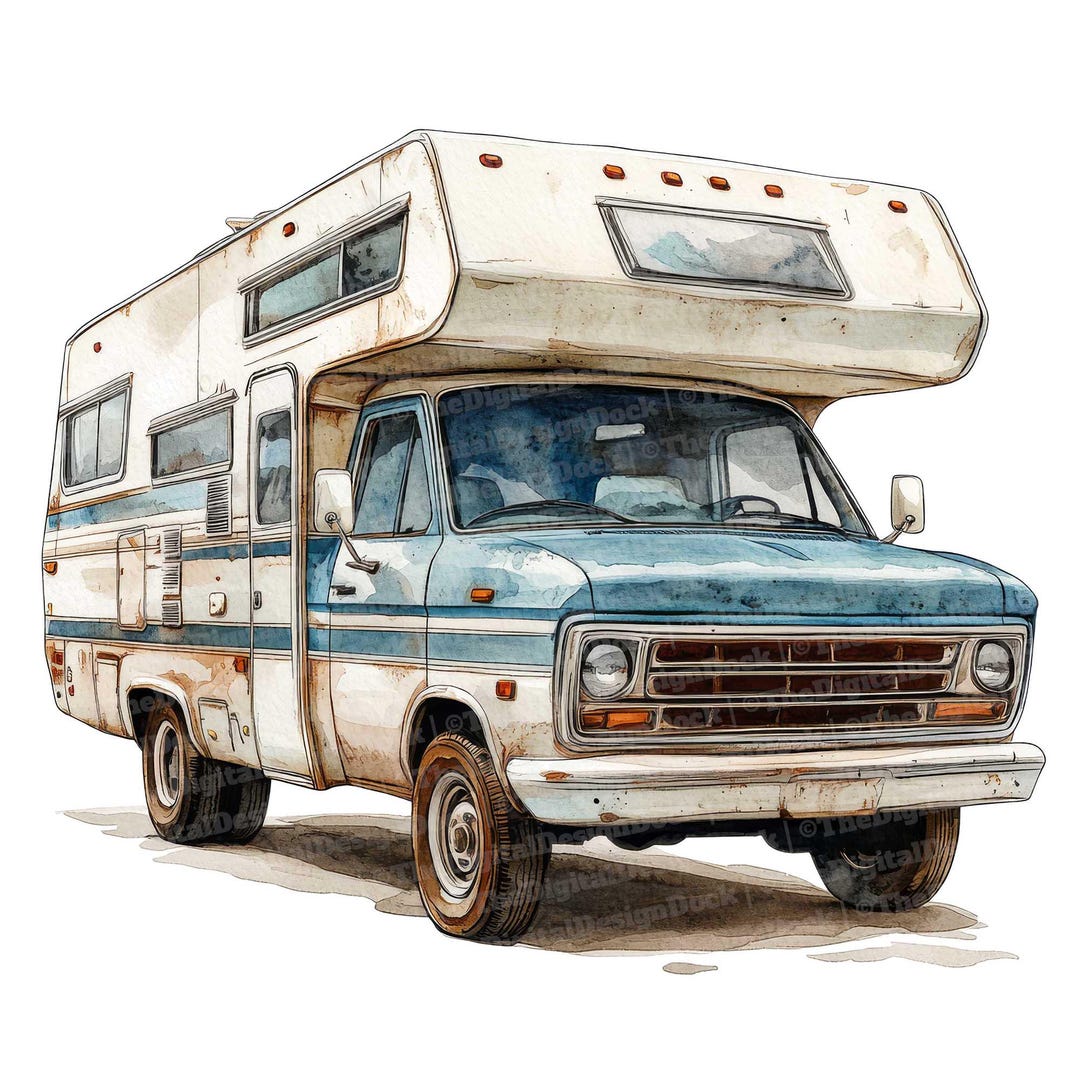12 Retro Camper Van Clipart, Watercolor Vintage RV Art, Classic Travel ...
