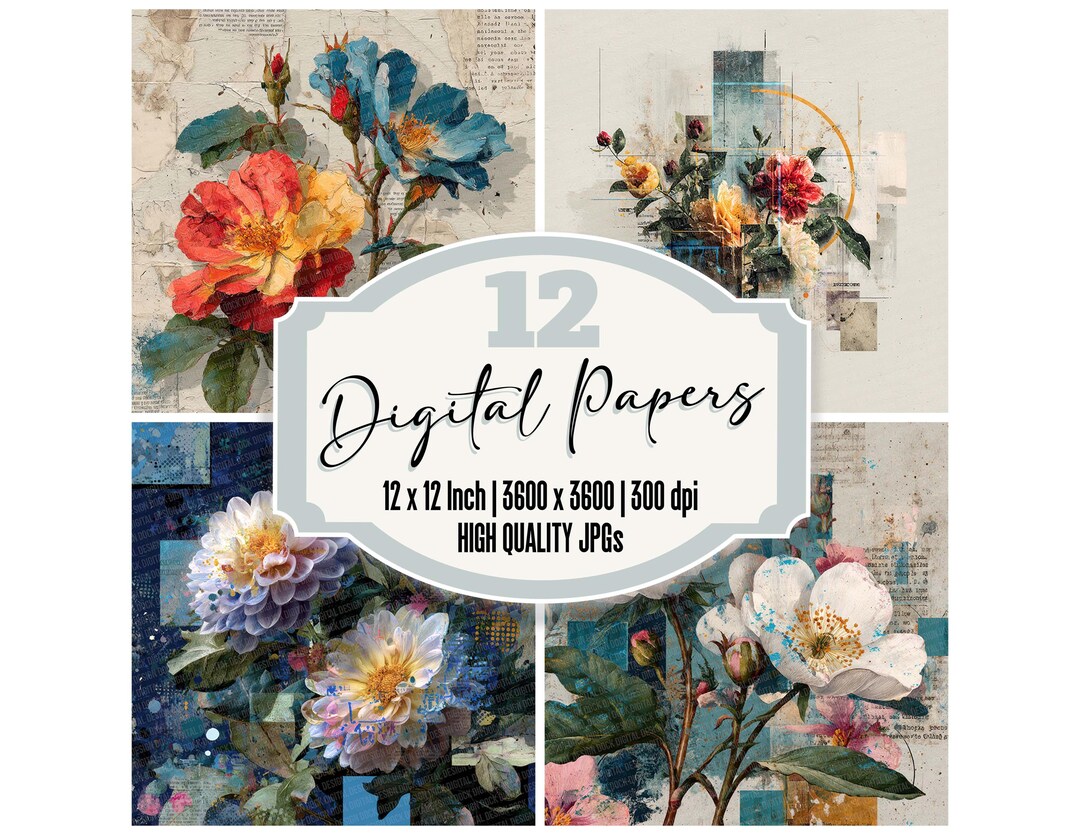 12 Floral Grid Junk Journal Paper Digital Paper Pack Neon Petal ...