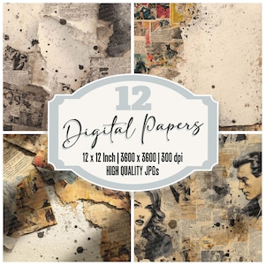 Könnte beinhalten: Eine Collage aus 12 digitalen Papieren im Vintage-Stil. Die Designs zeigen zerrissene Papierränder, Tintenspritzer und Illustrationen aus Comics und Porträts. Die Papiere haben eine Größe von 30 x 30 cm und sind hochwertige JPGs.