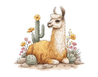 Llama PNG Clipart, 12x Cactus Flower Desert Clip Art Set, Printable Watercolor Clip Art, Paper Crafts, JPG Digital Download, Transparent PNG