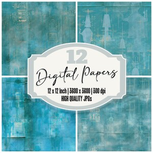 May include: A set of 12 digital papers featuring teal blue backgrounds with faint, light-colored technical robot illustrations. The central label displays the text 12 Digital Papers, 12 x 12 Inch, 3600 x 3600, 300 dpi, HIGH QUALITY JPGs.