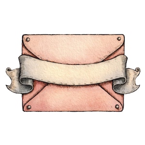 Può includere: Illustrazione ad acquerello di una busta rosa con un banner color crema. La busta ha un aspetto strutturato ed è fissata con quattro piccoli rivetti. Il banner è drappeggiato sul davanti, offrendo spazio per il testo.