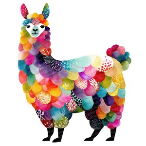 May include: A colorful watercolor illustration of a llama. The llama is depicted with a vibrant array of colors, including red, orange, yellow, green, blue, and purple. The llama's body is covered in a scale-like pattern, and it has black legs and a white face.
