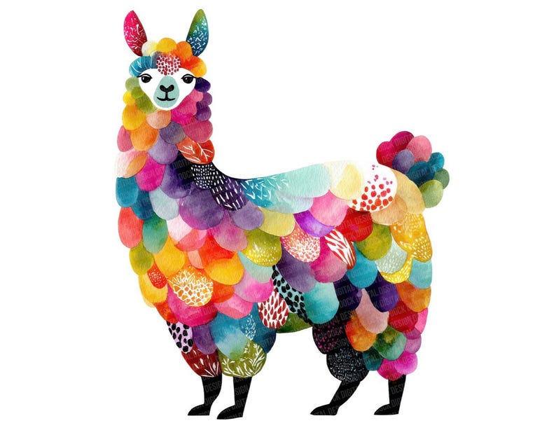 May include: A colorful watercolor illustration of a llama. The llama is depicted with a vibrant array of colors, including red, orange, yellow, green, blue, and purple. The llama's body is covered in a scale-like pattern, and it has black legs and a white face.