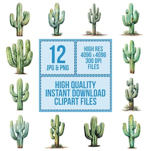 May include: Watercolor illustrations of various cacti in shades of green and brown. The image includes 12 different cactus designs. Text on the image reads "12 JPG & PNG", "HIGH RES 4096 x 4096 300 DPI FILES", and "HIGH QUALITY INSTANT DOWNLOAD CLIPART FILES".