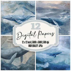 Paquete de 12 papeles digitales con diseño de ballenas, mapas del océano, archivos JPG de alta calidad, textura de deriva, papel para álbum de recortes, descarga digital