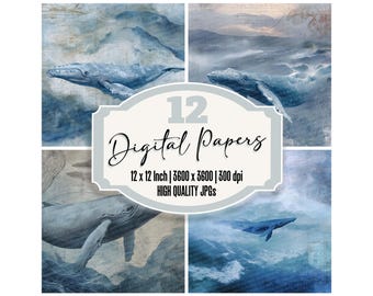 12x Whale Junk Journal Paper Ocean Map Digital Paper Pack High Quality JPGs Drift Texture Scrapbook Paper Digital Download