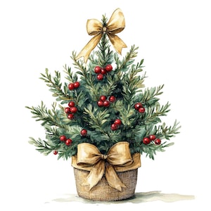 Może przedstawiać: Akwarelowa ilustracja choinki w wiklinowym koszu. Drzewko zdobią czerwone jagody i złote kokardy. Zielone liście drzewka kontrastują ze złotymi i czerwonymi akcentami, tworząc świąteczny obraz.