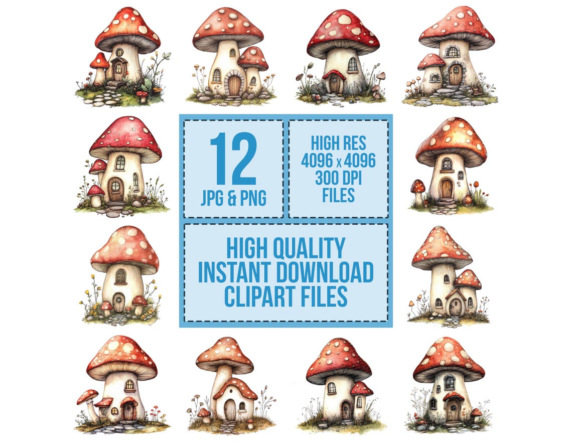 Mushroom House PNG Clipart, 12x Watercolor Fairy Cottage Clip Art Set ...