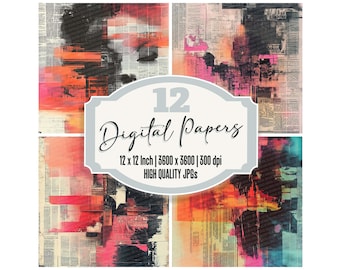 Könnte beinhalten: Eine Sammlung von 12 digitalen Papieren mit abstrakten Designs. Jedes Papier zeigt eine einzigartige Mischung aus Farben, darunter Schwarz, Orange, Pink und Türkis, mit einem strukturierten, geschichteten Effekt. Die Papiere sind 30,48 x 30,48 cm groß und hochwertige JPGs.