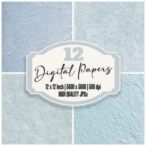 May include: Four light blue textured digital paper backgrounds. A central label reads "12 Digital Papers" with details: 12 x 12 inch, 3600 x 3600, 300 dpi, and "HIGH QUALITY JPGs".