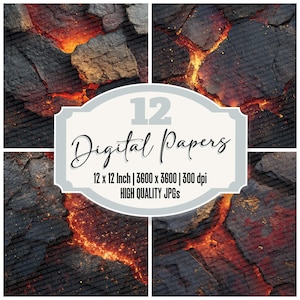 May include: A digital art composition featuring four panels of a lava-like texture with fiery orange and red hues against a dark, rocky background. The image includes the text "12 Digital Papers" with size and quality details.