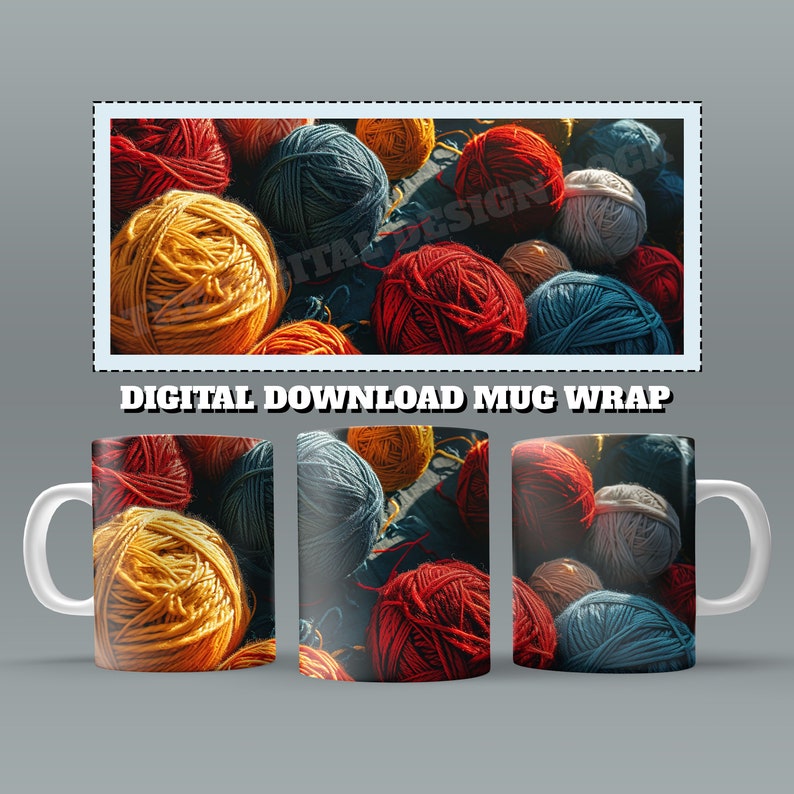 May include: A mug wrap design featuring a close-up of colorful yarn balls in red, yellow, blue, and white. The yarn balls are arranged in a random pattern, creating a visually appealing and textured design.