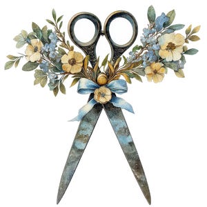 May include: A watercolour illustration of scissors decorated with flowers and a blue ribbon. The scissors have a distressed, antique appearance and are decorated with yellow and blue flowers and green leaves. The image is set against a white background.