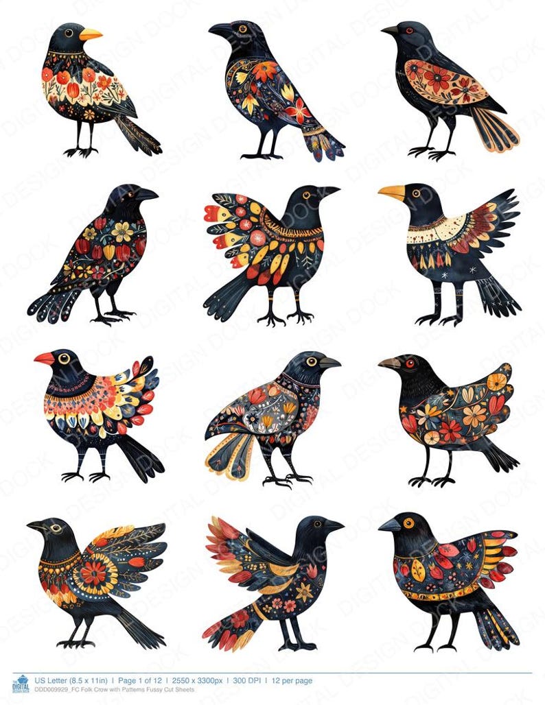 Crow Patterns Folk Crow With Patterns Fussy Cut Sheets, 12x Printable Pages, Junk ...