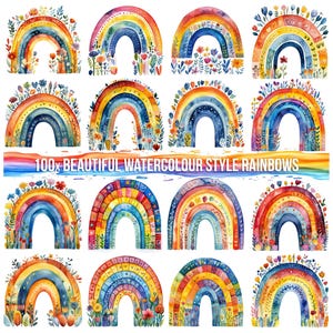 100x Watercolour Rainbow Clipart, Vibrant Rainbows Images, Printable Watercolor Clipart, Wall Art, Digital Download, Junk Journals, Graphics