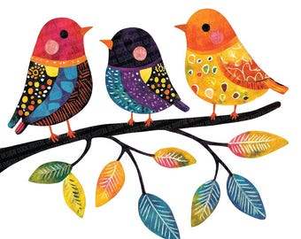 Birds on Branch PNG Clipart, 12x Colorful Watercolor Bird Art Set, Digital Download, Junk Journals, Scrapbooking, Nature-Themed Crafts PNGs