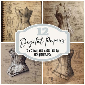 12x corset croquis papier journal indésirable lacé désossage paquet de papier numérique haute qualité JPG vintage design de mode papier imprimable
