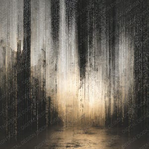 Peut inclure: Impression num&eacute;rique abstraite avec un fond sombre et textur&eacute;. Des lignes verticales de code binaire blanc et argent&eacute; descendent en cascade, cr&eacute;ant une sensation de profondeur et de mouvement. L'&oelig;uvre a une esth&eacute;tique moderne inspir&eacute;e de la technologie.