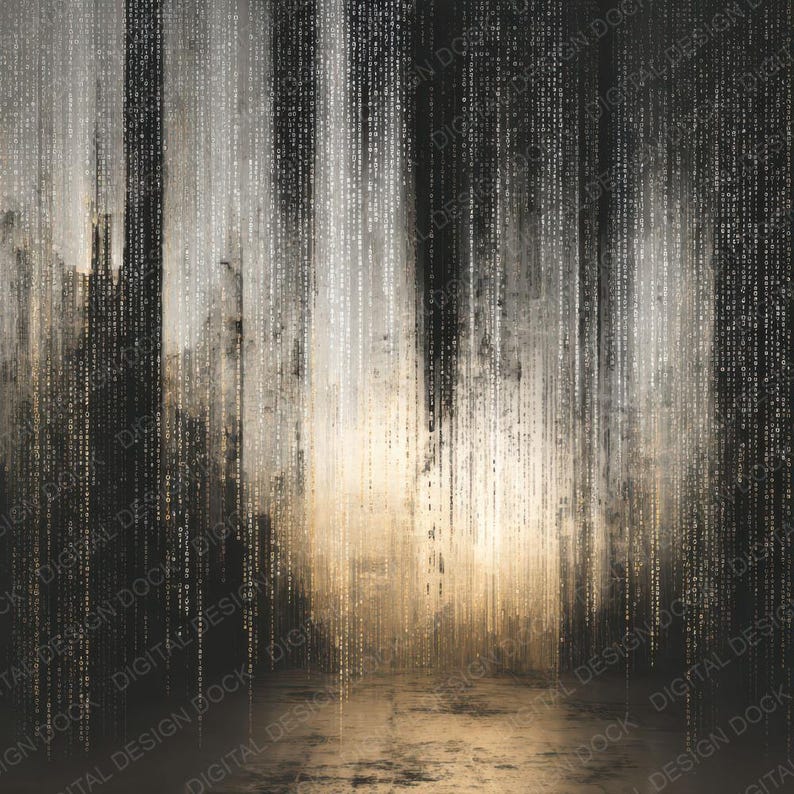 Peut inclure: Impression num&eacute;rique abstraite avec un fond sombre et textur&eacute;. Des lignes verticales de code binaire blanc et argent&eacute; descendent en cascade, cr&eacute;ant une sensation de profondeur et de mouvement. L'&oelig;uvre a une esth&eacute;tique moderne inspir&eacute;e de la technologie.