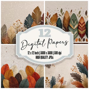 May include: A digital art print featuring 12 digital papers with a feather theme. The papers are 12 x 12 inches and have a resolution of 3600 x 3600 pixels at 300 dpi. The image includes the text "12 Digital Papers".