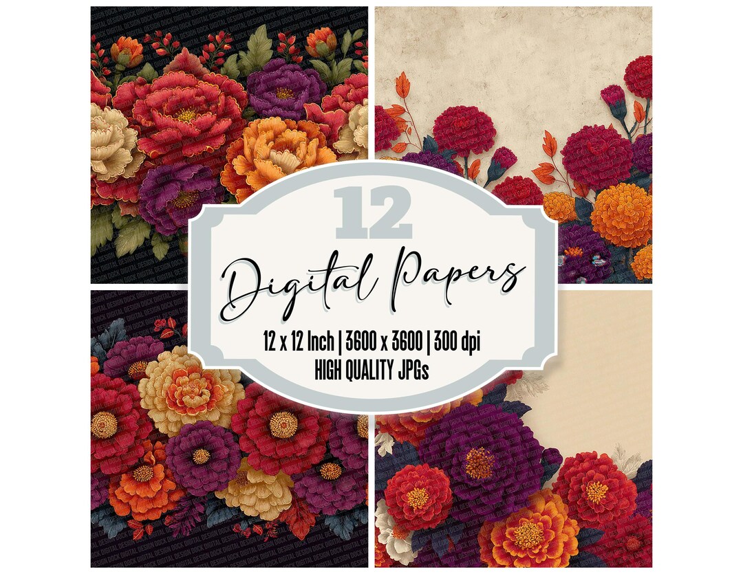 7394 Paper Bright Marigold Digital Paper Pack 12 Day of the Dead Florals Junk ...