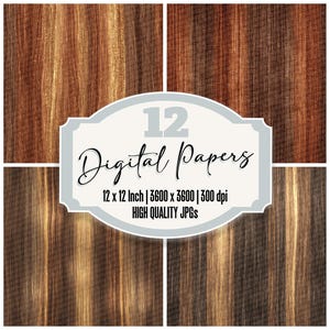 12 papeles digitales de diario con vetas de madera negra, color chocolate y dorado, textura rústica, archivos JPG de alta calidad, papel para álbum de recortes, descarga.