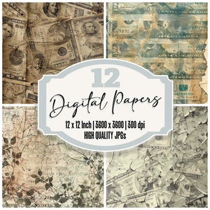 12x Grunge Dollar Bill Junk Journal Paper, Cracked Money Digital Paper Pack, Distressed Background, High Quality JPGs, Scrapbook Paper