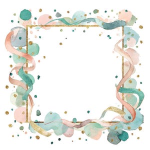 May include: A watercolour illustration featuring a gold square frame, encircled by pastel ribbons, circles, and gold glitter. The ribbons are in pink, teal, and green hues. The circles are in shades of pink, teal, and grey. The background is white.