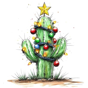 12 x Noël cactus arbre clipart, illustration aquarelle vacances désert, clipart imprimable, haute qualité JPG, téléchargement numérique, travaux manuels en papier