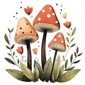 Folk Floral Mushrooms Clipart, 12x Red Mushrooms with Flowers Clip Art Set, Printable Clip Art, Digital Download, High-Quality PNG/JPG