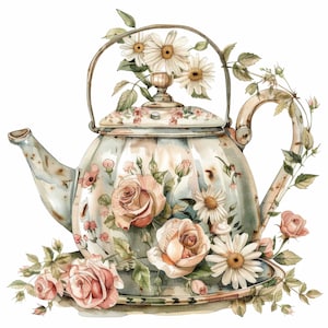 12 Vintage Teapot Floral Clipart, Antique Flower Teapot Clipart, Printable Watercolor Clipart,Crafts,Wall Art,Digital Download,Junk Journals
