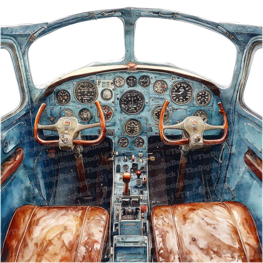 12 ビンテージ飛行機コックピット クリップアート、水彩航空