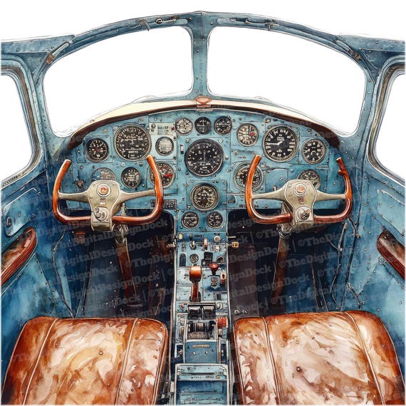12 ビンテージ飛行機コックピット クリップアート、水彩航空アート