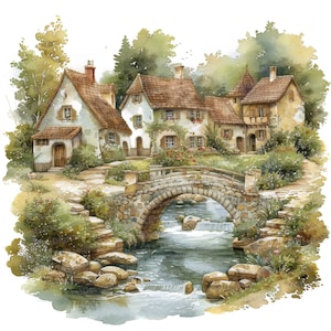 12x Old English Village Clipart, Cartoon Village Clipart, Printable Watercolor Clipart,Wall Art,Paper Crafts,Digital Download,Junk Journals