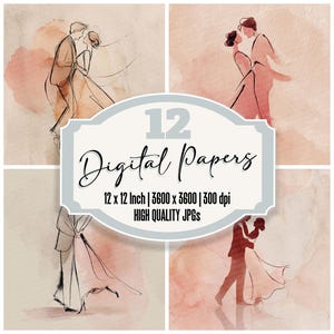 Könnte beinhalten: Vier Aquarellillustrationen von Paaren in Hochzeitskleidung, in einem weichen, romantischen Stil mit einer neutralen Farbpalette. Der Text "12 Digital Papers" wird auf einem dekorativen Etikett zusammen mit Größen- und Qualitätsdetails angezeigt.