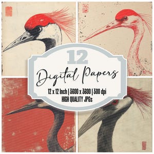 12x Crane Ink Stamp Junk Journal Paper Oriental Digital Paper Pack High Quality JPGs Distressed Texture Scrapbook Paper Digital Download
