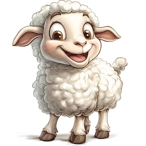 May include: A cartoon illustration of a white sheep with a fluffy coat. The sheep has a big smile and is looking to the right. The sheep is standing on a white background.